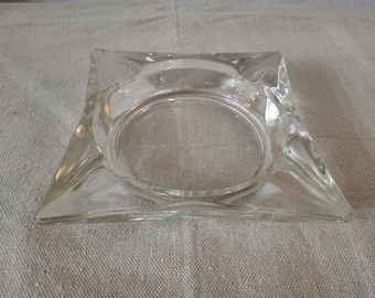 Vintage Square Clear Glass Ashtray with Rounded Center and Angled Corners