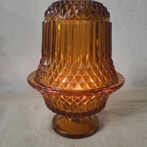 Vintage Amber Diamond Point Fairy Lamp – Indiana Glass Pedestal Candle Holder