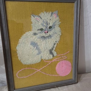 Vintage Framed Embroidery of Kitten with Yarn Ball