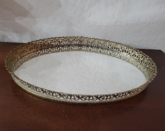 Vintage Oval Vanity Mirror Tray with Ornate Filigree Edge