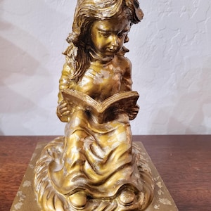 Vintage Gold Tone Girl Reading Book Statue – Classic Decorative Figurine
