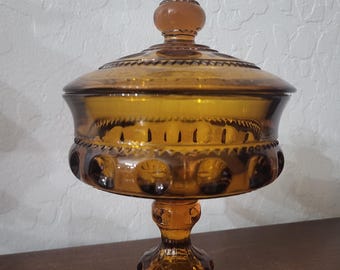 Vintage Amber Glass Pedestal Candy Dish with Lid – Moon & Stars Pattern