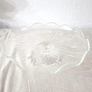 Vintage Clear Glass Pedestal Cake Stand with Leaf Pattern