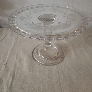 Vintage Clear Glass Pedestal Cake Stand with Floral Etching