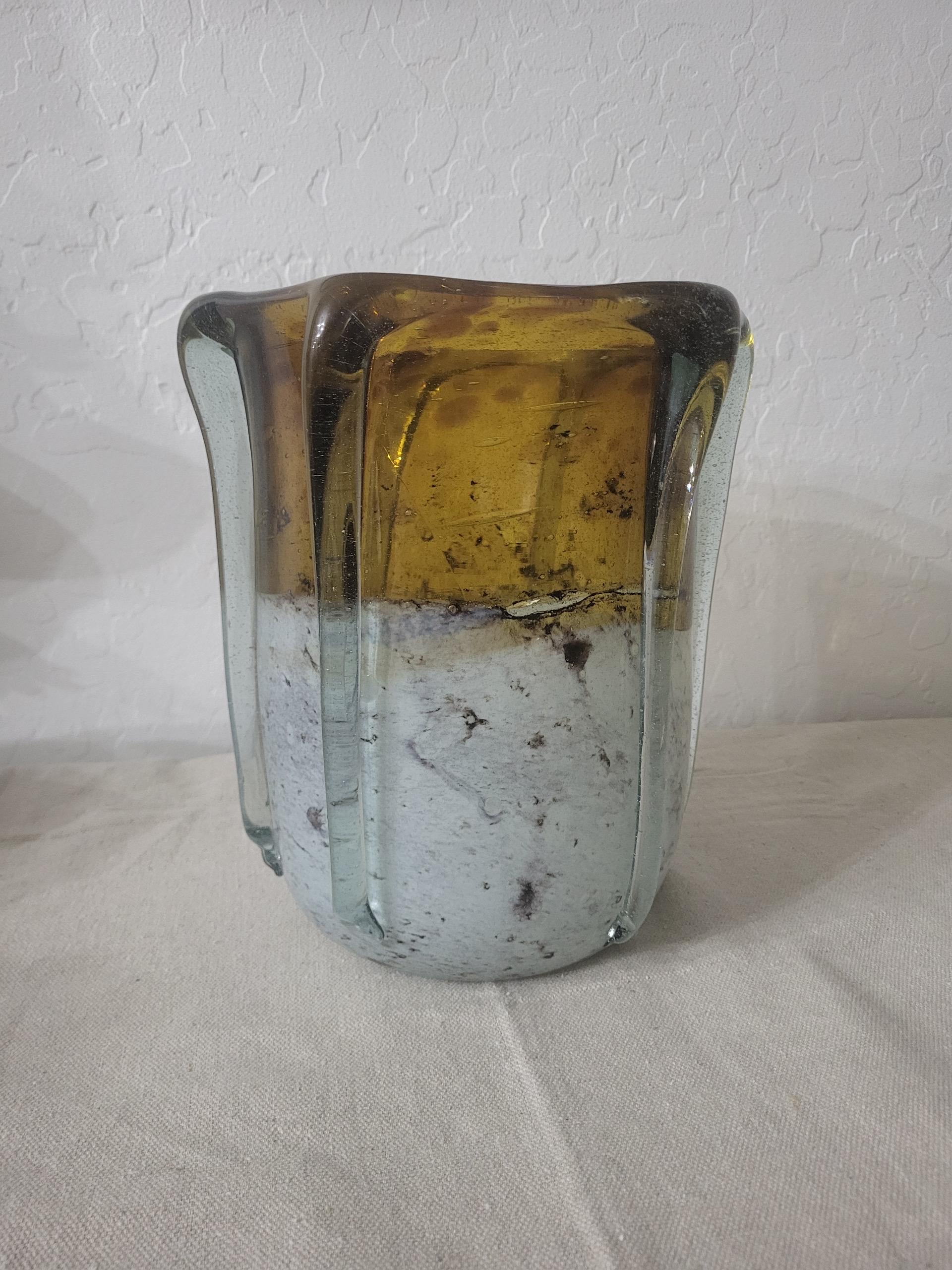 Vintage Amber and White Art Glass Vase with Sculpted Panels