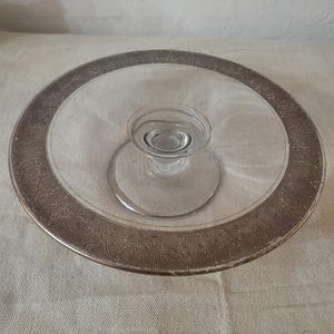 Vintage Glass Pedestal Cake Stand with Silver-Tone Etched Trim