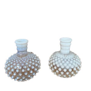 Vintage Opalescent Hobnail Glass Decanters – Set of 2 – Milk Glass Style with Clear Finish