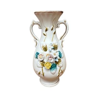Jarrón floral de cerámica vintage / Urna de porcelana estilo rococó / Decoración floral 3D