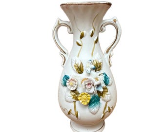 Vintage Ceramic Floral Vase | Rococo Style Porcelain Urn | 3D Flower Decor