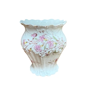 Antique Hand Painted Porcelain Vase – Scalloped Rim with Pink Floral Design – Shabby Chic Gold Trim