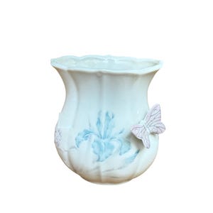 Vintage Porcelain Vase with 3D Butterfly – Hand Painted Blue Iris Floral – Small Cottagecore Decor