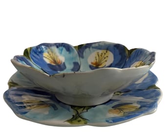 Handbemalte italienische Keramik 7-Zoll-Schüssel und Servierplatte | Blumenranken Design | Vintage Keramik Wohnkultur