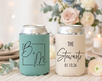 Personalized Slim & Regular Custom Wedding Can Coolers, Personalized Cozies, Monogrammed Wedding Favors, Custom Drink Holder
