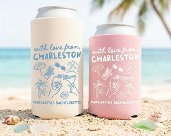 With Love From Bachelorette Can Cooler, Custom Beach Bachelorette Party Favors, Personalized Cozies in Regular and Slim Can Sleeve Size