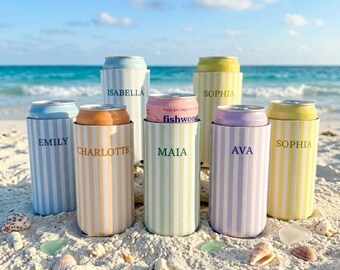 Personalized Monogrammed Bachelorette Party Can Cooler, Grandmillennial Style Can Insulator, Custom Slim Can Sleeve, Floral Bridal Favor