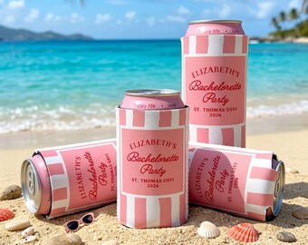 Gepersonaliseerde kust vrijgezellenfeest blikjeskoeler, strand vrijgezellenfeest bekerhouder, vrijgezellenfeest gunsten, gepersonaliseerde feestgunsten