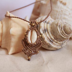Macrame necklace with cowrie shell, Indian brass charms/ BOHO/ Tribal/ Hippie necklace/ Ethnic necklace / Macrame choker