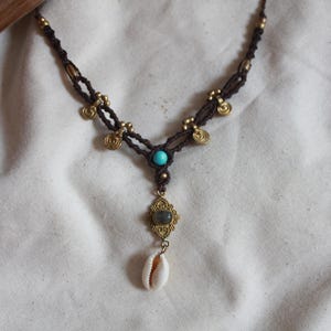Macrame necklace with Indian brass charms and cowrie shell/ BOHO/ Handmade / Tribal / Labradorite / Alternative jewelry