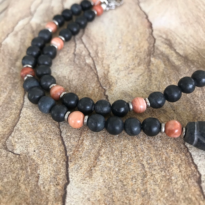 Carved Black Stone Fathers Day Mens Black /& Brick Rustic 19 Stone Necklace Masculine Red Malachite Man Necklace Guy Gift Man Gift