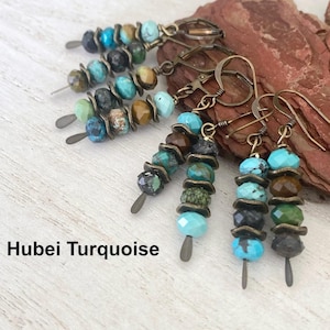 Hubei Turquoise Earrings: Faceted, Stacked, Rustic, Brass Accents, Nickel Free