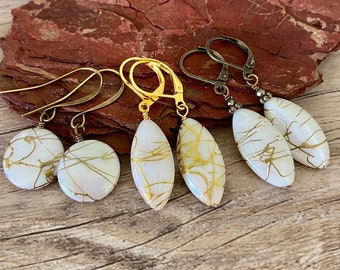 White Shell With Gold Drizzle Earrings, Creamy White, Gold, Antique Brass, Nickel Free. Artistic