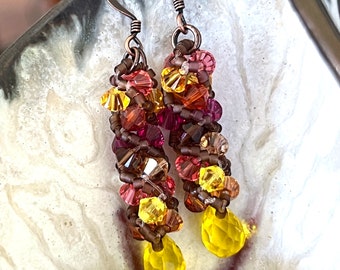 Swarovski Crystal Russian Spiral Earrings, Yellow, Orange, Fuchsia, Brown, Sparkly, Hand Made, 1 3/4" drop, Nickel Free Ear Wires
