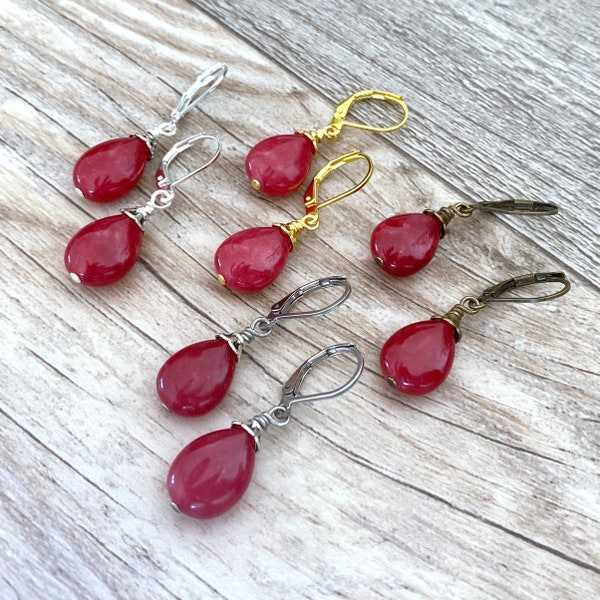 Red Jade Earrings, Carmine, Scarlet, Ruby, Dark Red, Cranberry, Minimalist, Lever Back, Christmas, Valentines, Set 3