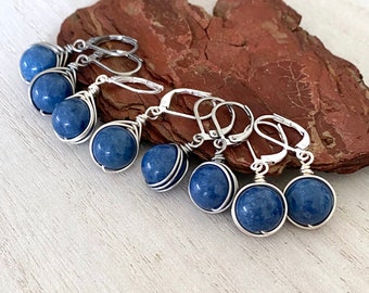 Denim Lapis Earrings, Royal Blue, Bright or Brushed Silver, Circular or Herringbone Wrap, Lever Back, Nickel Free, Stainless Steel