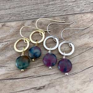 Ruby Apatite Circle Drop Earrings, Teal, Green, Purple, Brushed Silver, Brushed Gold, Boho, Dangle image 7