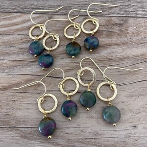Ruby Apatite Circle Drop Earrings, Teal, Green, Purple, Brushed Silver, Brushed Gold, Boho, Dangle image 4