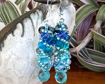 Swarovski Crystal Russian Spiral Earrings, Blue Ombre, Sparkly, Hand Made, 1 3/4" drop, Nickel Free Ear Wires