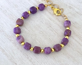 Phophosiderite Bracelet, 7"-8.5", AAA Grade, Cubes, 18K Gold Hematite, Purple, Violet. Adjustable