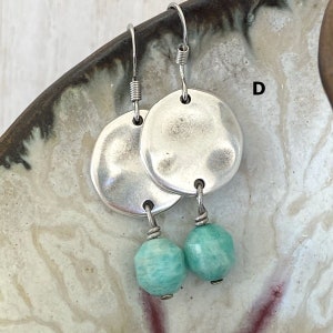 Hammered Disc & Gemstone Drop Earrings, Antique Silver, 5 Gemstones to Choose From, Stainless Steel Ear Wires