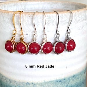 Red Jade Wire Wrapped Earrings: 8 mm, Silver, Gold, Nickel Free