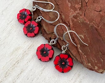 Hawaiian Flower Czech Glass Earrings, Red, Black, Antique Silver, Nickel Free, Small Earrings