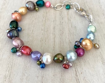 Multi Color FWP Bracelet, 7"-8", Fresh Water Pearls, Colorful, "Charm" Bracelet, Adjustable