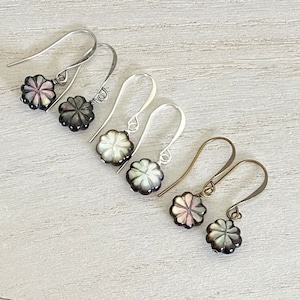 Petite M.O.P. Flower Earrings, Black Mother of Pearl, Small Flower Earrings, Black, Silver, Nickel Free