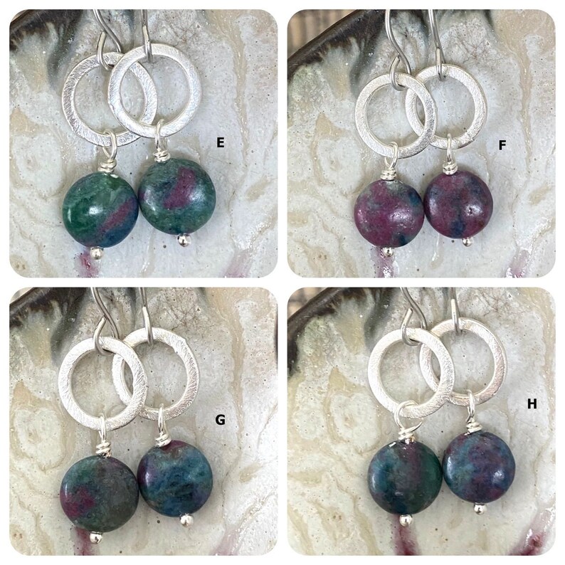 Ruby Apatite Circle Drop Earrings, Teal, Green, Purple, Brushed Silver, Brushed Gold, Boho, Dangle image 3