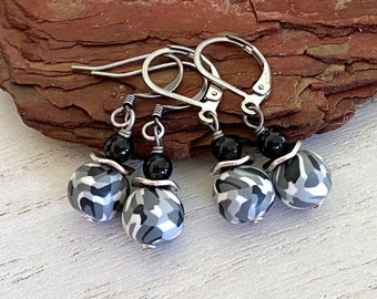 Black & White Camo Polymer Clay Earrings, 8 mm, Black, White, Gray, Black Agate, Black Camouflage, Nickel Free, Stainless Steel