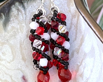 Swarovski Crystal Russian Spiral Earrings, Quartz, Red, White, Black, Sparkly, Hand Made, 1 3/4" drop, Nickel Free Ear Wires