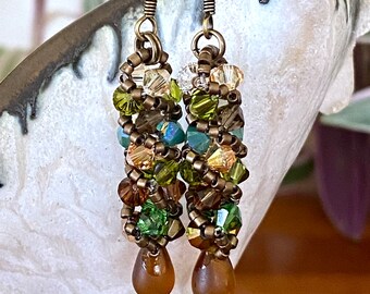 Swarovski Crystal Russian Spiral Earrings, Woodland Colors, Brown, Green, Gold, Sparkly, Hand Made, 1 3/4" drop, Nickel Free Ear Wires