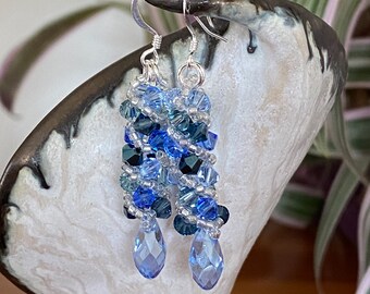 Swarovski Crystal Russian Spiral Earrings, Blue Shades, Navy, Denim, Light Blue, Sparkly, Hand Made, 1 3/4" drop, Nickel Free Ear Wires