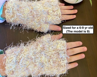 Fingerless Gloves For Girl, 6-9 Yrs, Young Girl, Fuzzy, Fluffy, Fingerless Mitts, Hand Knit, Cream, Pale Yellow, Egg Shell, Cake Batter