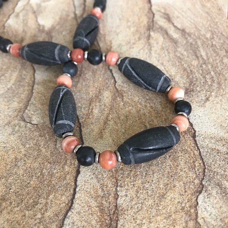 Carved Black Stone Fathers Day Mens Black /& Brick Rustic 19 Stone Necklace Masculine Red Malachite Man Necklace Guy Gift Man Gift