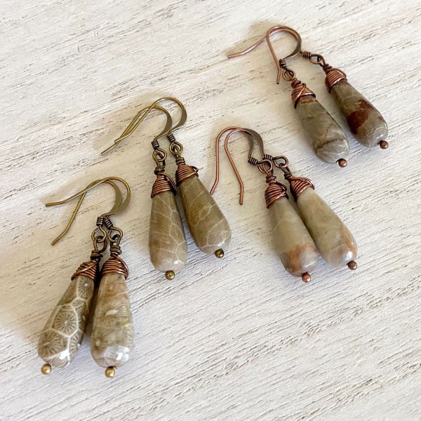 Fossil Coral Slim Teardrop Earrings, Natural Fossilized Coral Gemstone, Tan, Cream, Taupe, Khaki, Giraffe Print