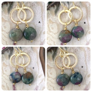 Ruby Apatite Circle Drop Earrings, Teal, Green, Purple, Brushed Silver, Brushed Gold, Boho, Dangle image 2