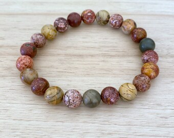 Men's Red Creek  & Speckled Jasper Stretch Bracelet, Large Wrist, Earth Tones, 10 mm Rounds, Elastic