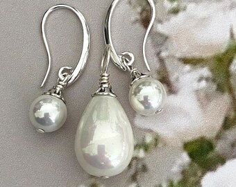 White Shell Pearl Pendant & Earring Set, Round Teardrop, Wedding Jewelry, Creamy White, Ivory. Gift Set