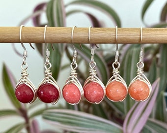 Pink Coral Shades  Quartzite Earrings, Cherry, Peach, Salmon, Wire Wrapped, Summer Earrings, Nickel Free