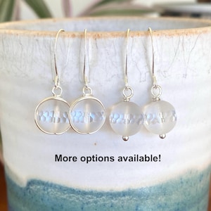 White Frosted Quartz Earrings, 10 mm, Matte White With Clear Faceted Band, Bright Silver, Wire Wrapped,